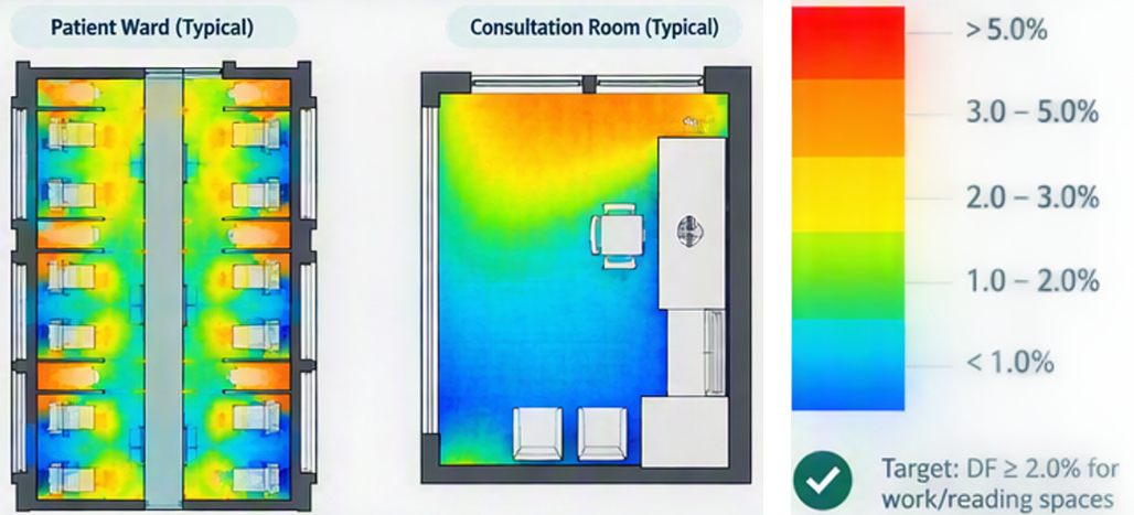 Daylight factor plans for a typical patient ward and consultation room with percentage legend