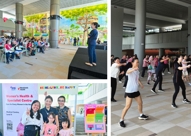 Community activities at the Event Plaza including health talks, wellness programmes and performances