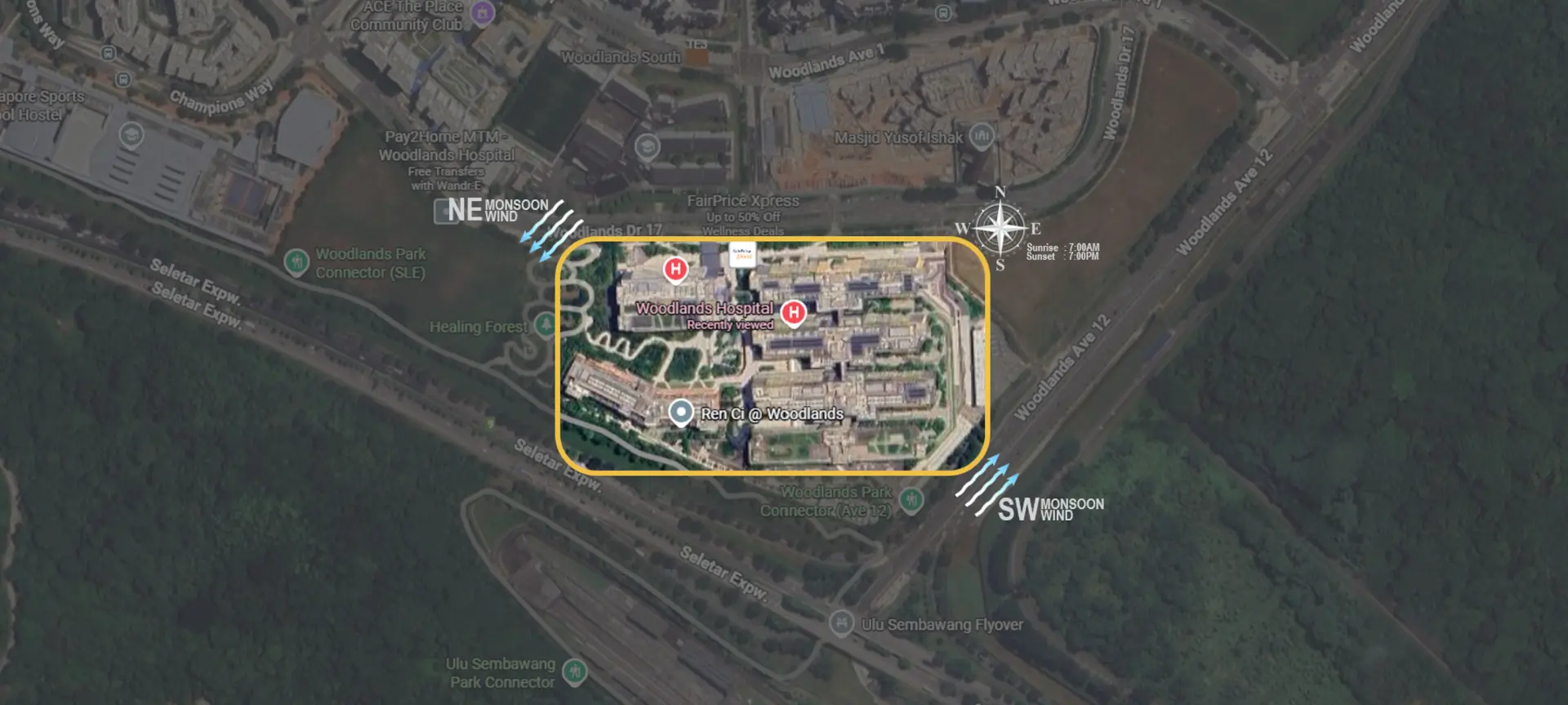 Aerial site plan of Woodlands Hospital showing the campus boundary, surrounding roads, monsoon wind directions and compass orientation