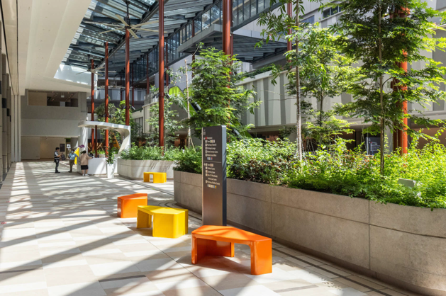 Heliconia Bench seating in a sheltered garden walkway at Woodlands Hospital