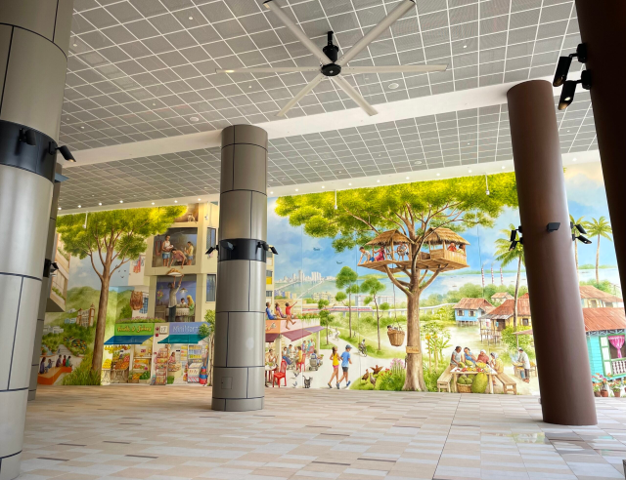 Event Plaza mural by Yip Yew Chong depicting Woodlands heritage, community scenes and the future Rapid Transit System