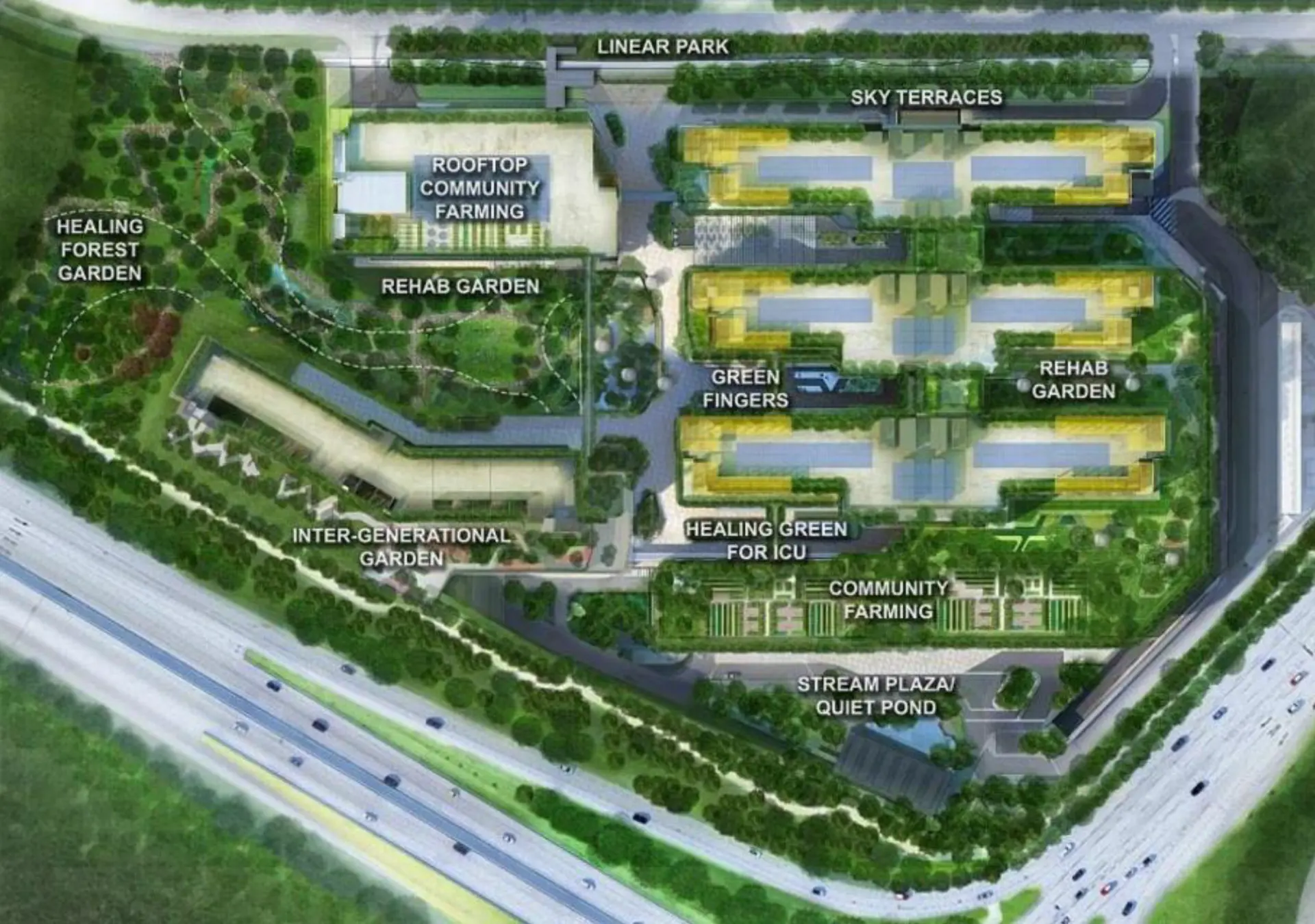 Community Farms plan showing rooftop farming, rehab gardens, green fingers, sky terraces and healing gardens across the Woodlands Health Campus