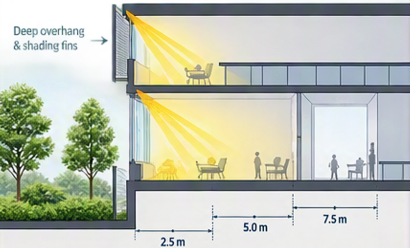 Section through a typical ward showing deep overhang, shading fins and daylight penetration depths