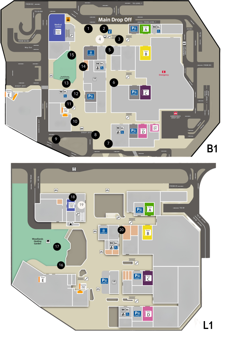 Floor plans for Basement 1 and Level 1 with numbered location markers 1 to 20