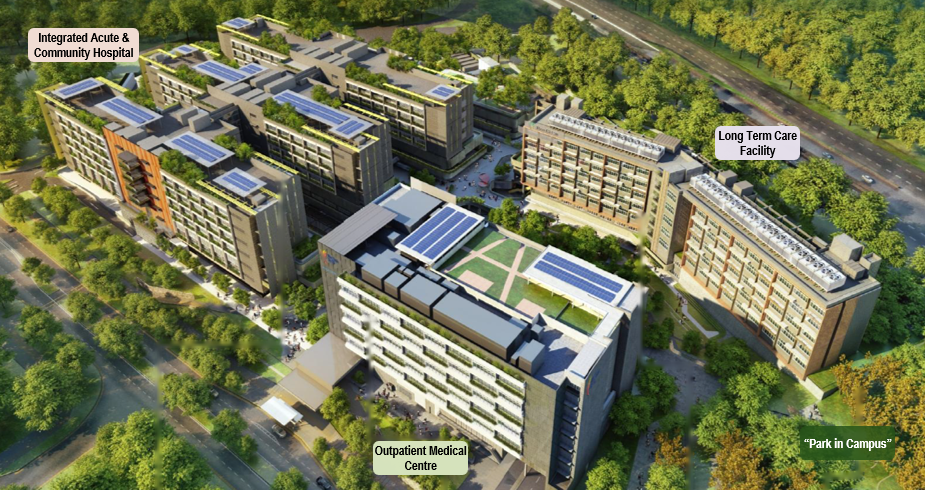 Aerial view of Woodlands Hospital showing the Integrated Acute and Community Hospital, Outpatient Medical Centre, Long-Term Care Facility and Park in Campus.