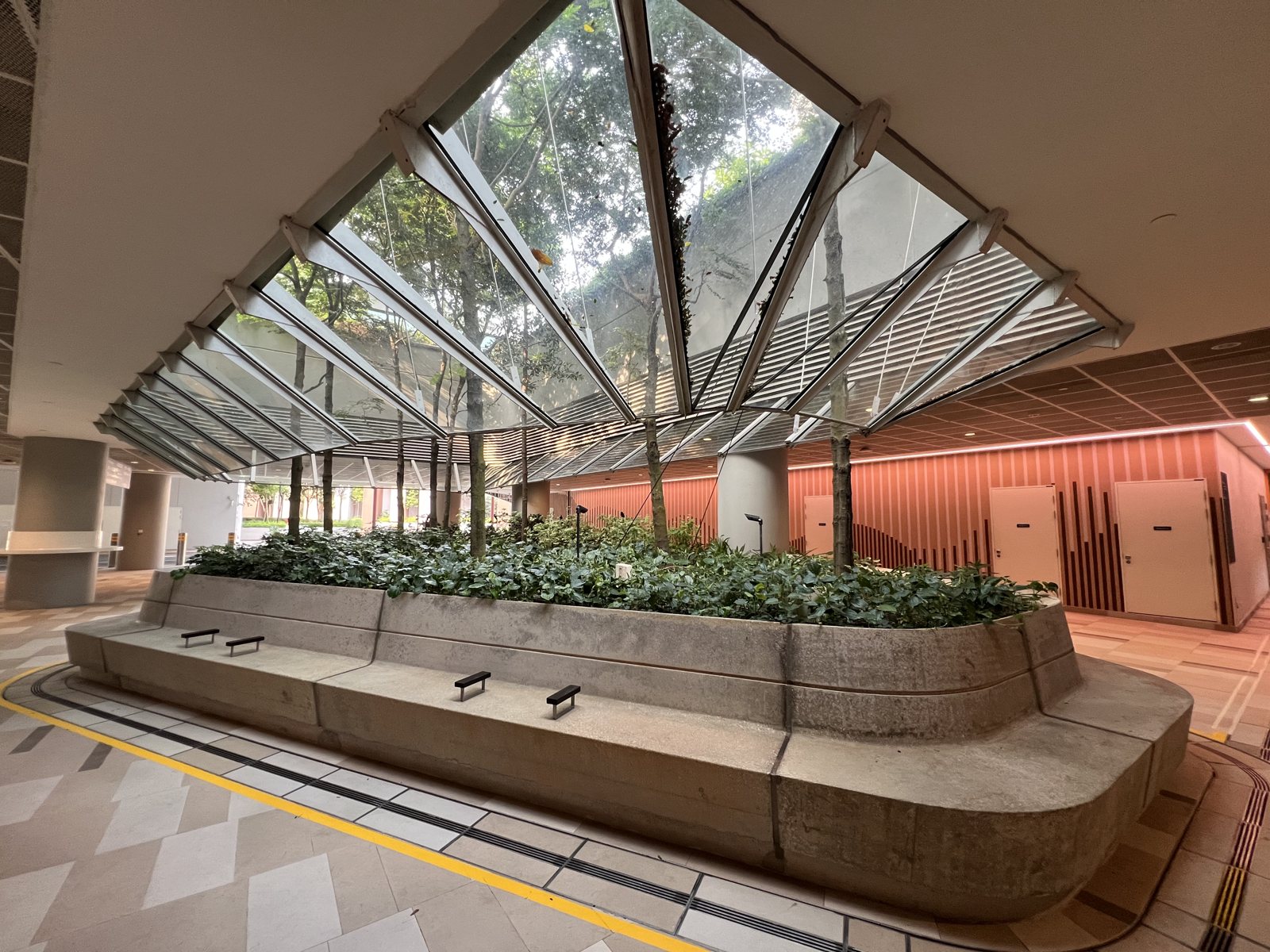 A concrete planter inside the building with an angled glazed canopy above it, left open along its centre so that rain and daylight reach the planting directly. A linear drainage channel runs around the planter edge.